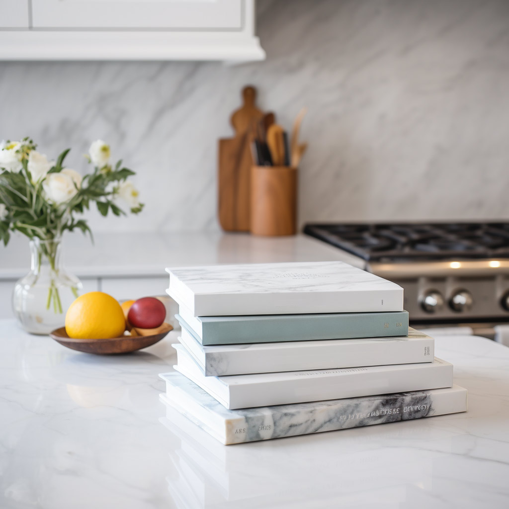 staging books in a kitchen